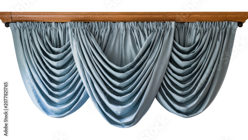 Light blue draped fabric valance with wooden rod, isolated on transparent background