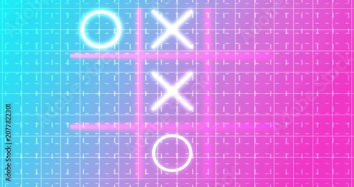 Glowing animated Tic Tac Toe Game Icon on a grid background in 4K.Neon Tic Tac Toe X-O game icon on a grid background for banners, business workflows, and digital backdrops. 
