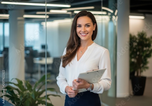 Portrait of a smiling professional woman holding a clipboard