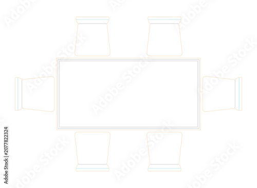 Top view of rectangular dining table with six chairs.