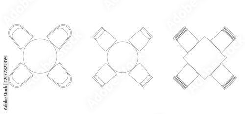Set of top view small round and square tables with chairs.