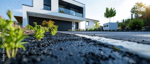 Modern house with garden and driveway in bright daylight with clear blue sky in a suburban area