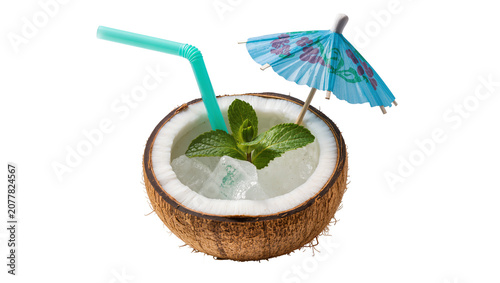 Half coconut shell filled with ice mint and a straw, isolated on transparent background