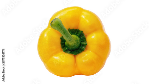 Bright yellow bell pepper with green stem, isolated on transparent background