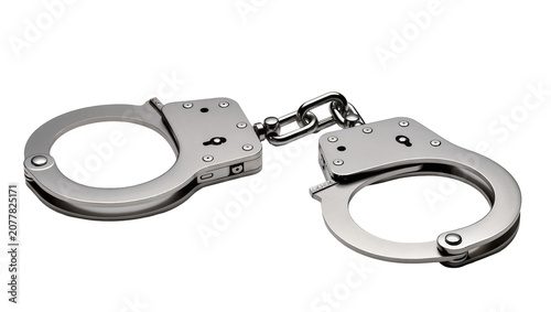 Foto Polished metal handcuffs with chain link, isolated on transparent background