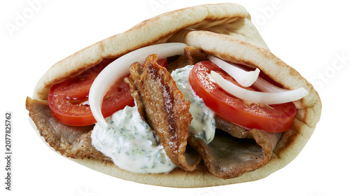 Foto Gyros sandwich with meat tomato onion, and tzatziki sauce