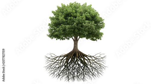 Naklejka Deciduous tree with exposed root system and green foliage