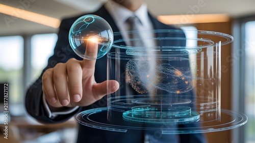 Businessman Interacting with Futuristic AI Holographic Data Visualization Interface
