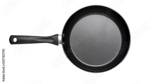 Black frying pan with handle, top view