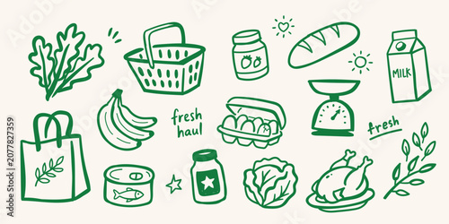 Fotografía Hand Drawn Grocery Shopping Doodle Icons Set with Fresh Organic Food, Shopping B