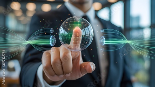 Businessman Touching AI Holographic Globe and Digital Network Interface