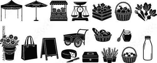 Foto Farmers Market and Gardening Silhouette Icon Set with Produce Market Stall and O