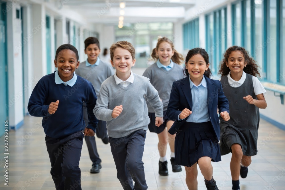 Fototapeta premium Happy children running school hallway