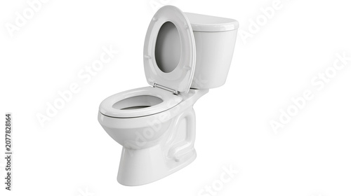 White ceramic toilet with open lid and seat