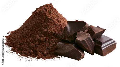 Obraz na płótnie Dark chocolate chunks and cocoa powder pile