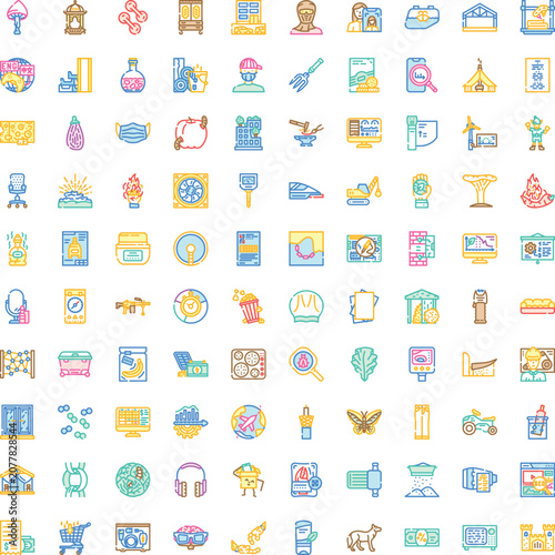 Diverse set of colorful outline icons covering business, technology, finance, lifestyle, health, home, environment, education, travel, food, industry and webapp ui design concepts