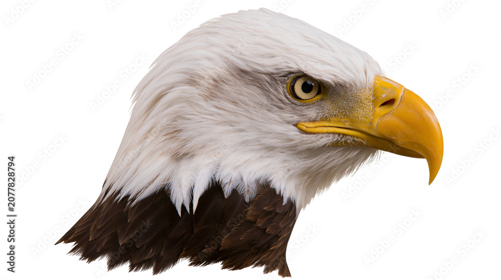 Fototapeta premium Bald eagle head profile with white feathers and yellow beak