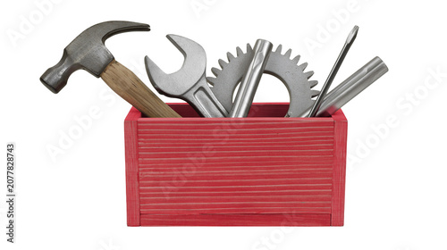 Red toolbox with hammer wrench screwdriver, and gear