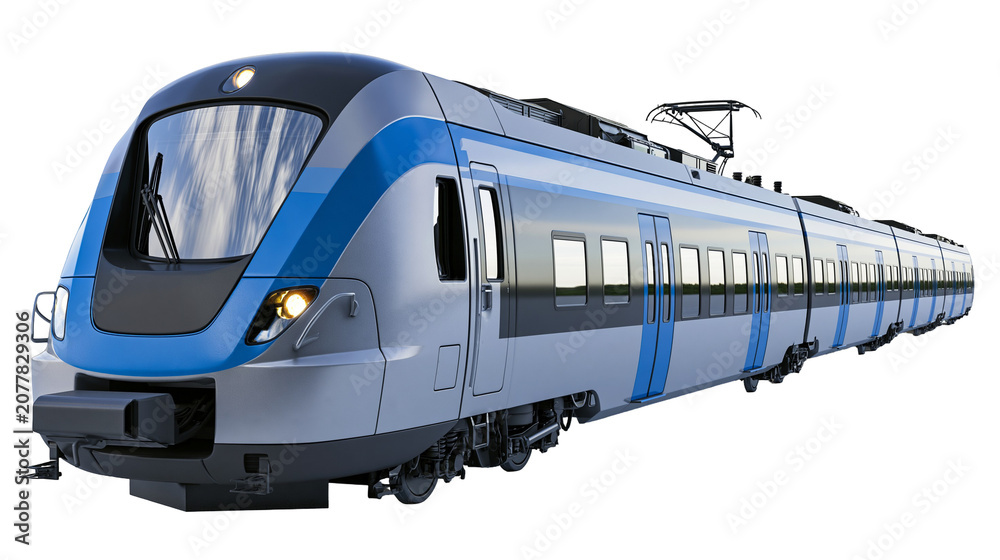 Naklejka premium Modern high-speed passenger train with blue and silver livery