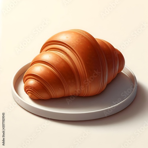 A plain croissant on a white ceramic plate, neutral studio background, soft shadows, minimal bakery product photography, clean and commercial composition