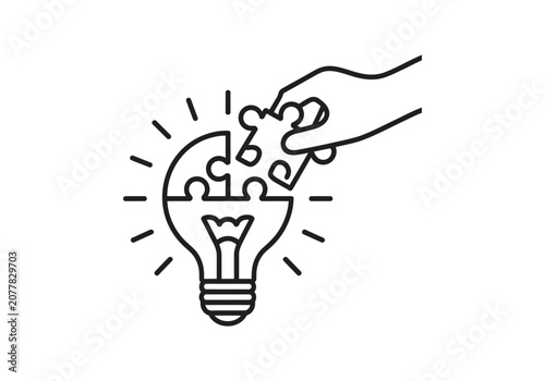 Hand placing puzzle piece into glowing light bulb icon. Innovation and idea solution concept vector illustration for creativity and thinking process UI design