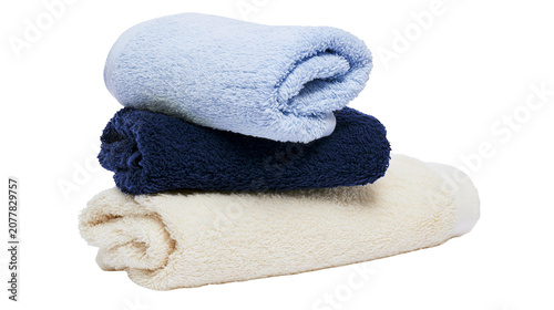 Quadro su tela Stack of three fluffy terry cloth towels in blue navy, and cream