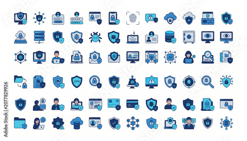 Cyber security and digital data protection icons set with security protection internet encryption technology software password authentication biometric firewall scanning information