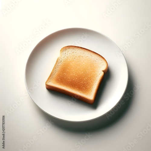 A single slice of toasted bread on a white plate, neutral studio lighting, minimal breakfast concept, clean and isolated product shot