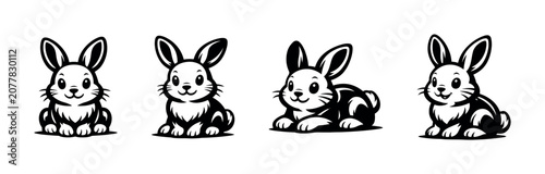 Collection of cute cartoon rabbits in various poses, black and white illustration