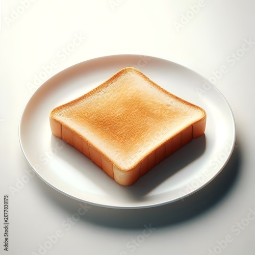 A single slice of toasted bread on a white plate, neutral studio lighting, minimal breakfast concept, clean and isolated product shot