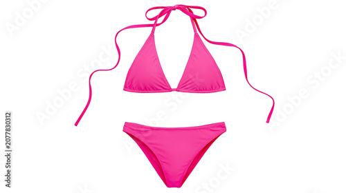 Tableau sur toile Hot pink triangle bikini set with halter neck top and brief bottoms