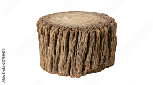 Photos Rustic wooden tree stump stool with textured bark and growth rings