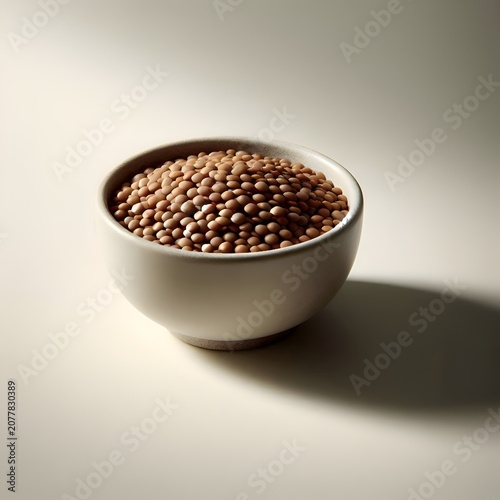 A bowl of plain cooked lentils, neutral background, soft shadows, minimal healthy food concept, commercial food photography style