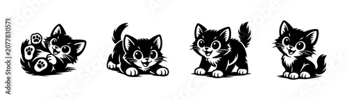 Collection of four adorable black kittens in playful poses, rendered in a charming cartoon style