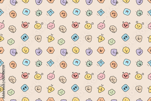 Cute seamless pattern with kawaii emotion faces in pastel colors. Hand drawn doodle background perfect for fabric, stationery, wrapping paper, nursery decor, stickers and textile design. 