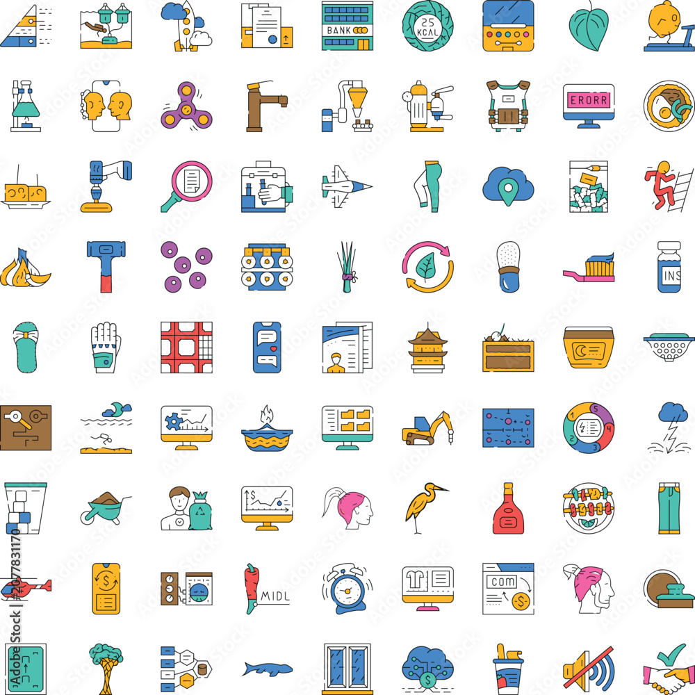 Fototapeta premium Large set of colorful outline icons illustrating a wide range of subjects, from technology and business to nature and daily life, symbolizing diverse themes and industries