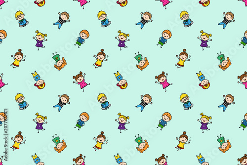 Cute seamless pattern with happy hand drawn children on a pastel background. Perfect for kids fabric, nursery decor, wallpaper, wrapping paper, apparel and school designs.