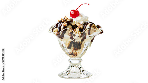 Cuadro en lienzo Ice cream sundae with chocolate syrup nuts whipped cream, and cherry