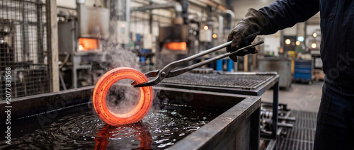 Worker quenching a glowing forged metal ring in an industrial heat treatment process