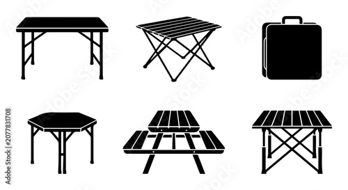 6 portable folding table and suitcase icons, outline solid styles, UI and web interface design