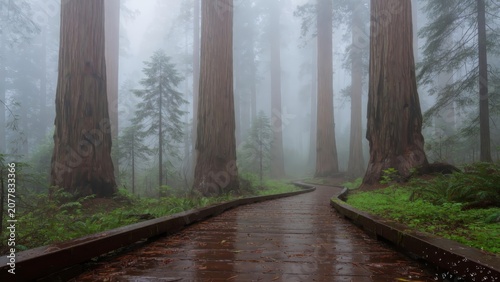 Misty trail through giant redwood forest