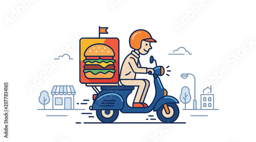 Quadro su tela Food delivery courier on blue scooter illustration.