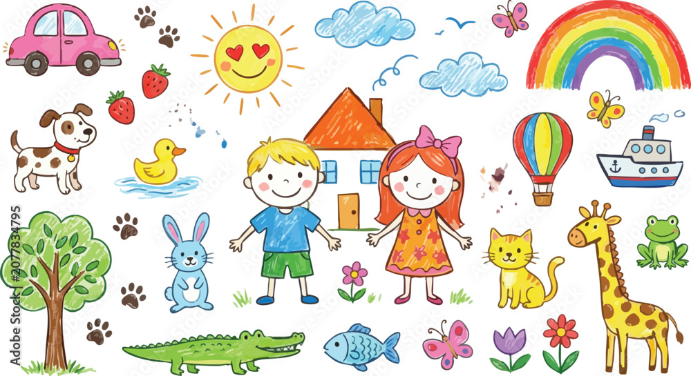 Fototapeta premium Children's Illustration Collection With Animals And Objects, Vector Style