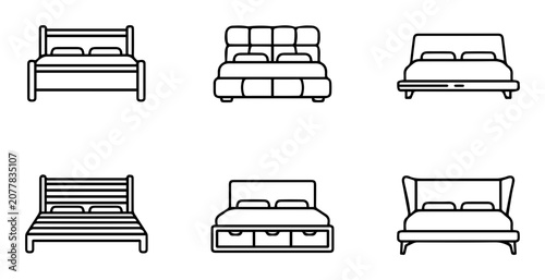 6 Bed icons for bedroom furniture, mattress, and home interior design, outline solid styles, UI and web interface design