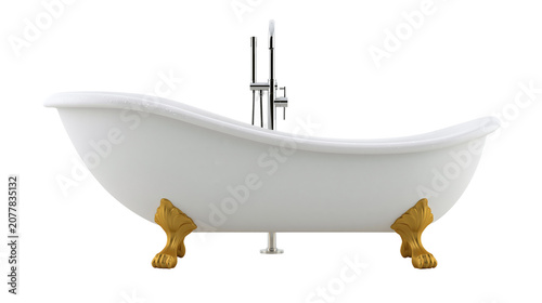 Photos White clawfoot bathtub with chrome faucet and gold accents