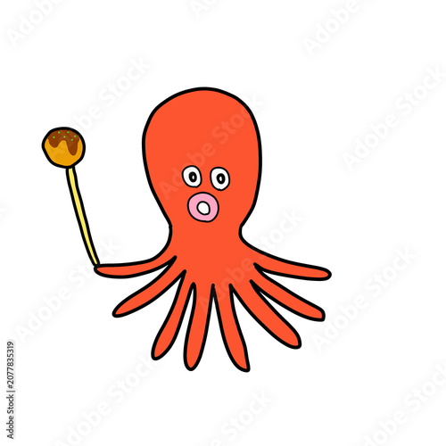 たこ焼きを持っている赤いタコのかわいいイラスト