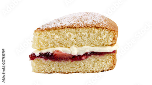 Canvas Print Victoria sponge cake slice with cream and strawberry jam