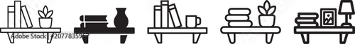 Five different shelf icon styles with books and decor items in minimal and bold designs Vector