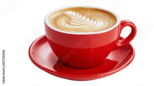 Tableau sur toile Red coffee cup with latte art and saucer