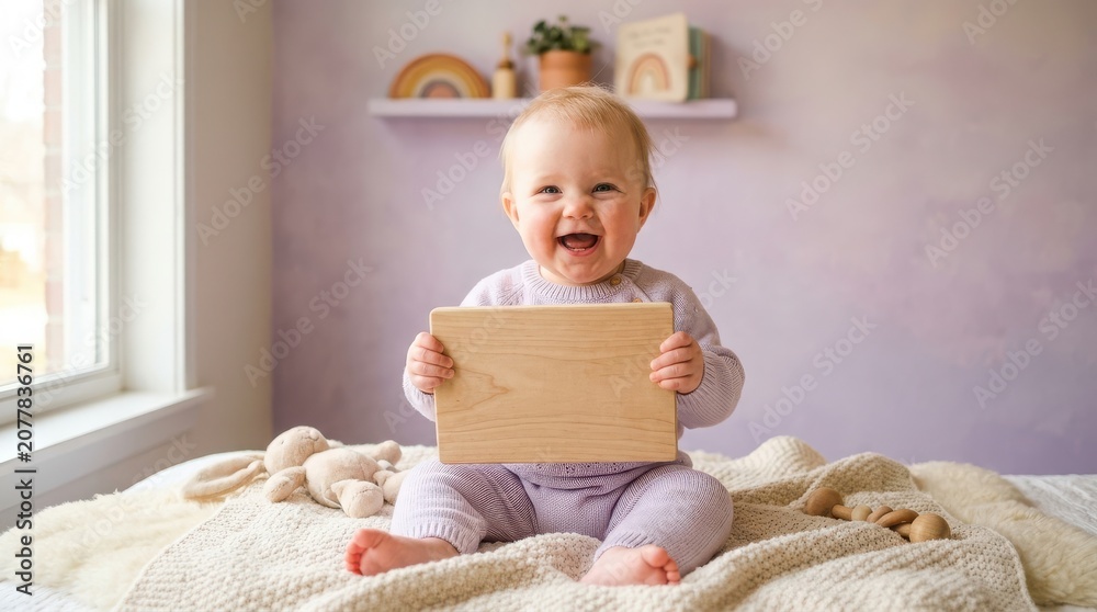 Fototapeta premium Toddler sits on a soft blanket while holding a wooden board for custom messaging.